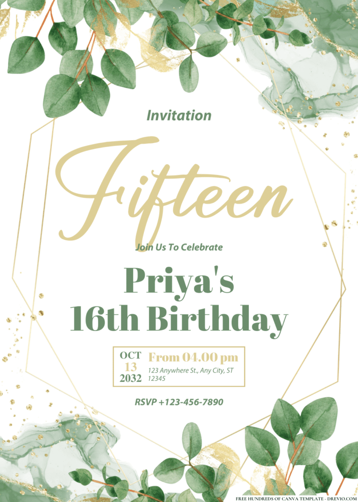 Eucalyptus Green and Gold Leaves Birthday Invitations