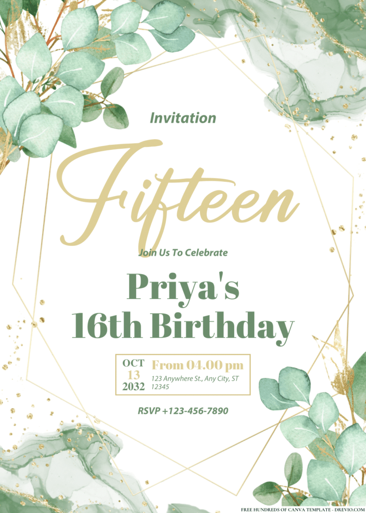 Eucalyptus Green and Gold Leaves Birthday Invitations