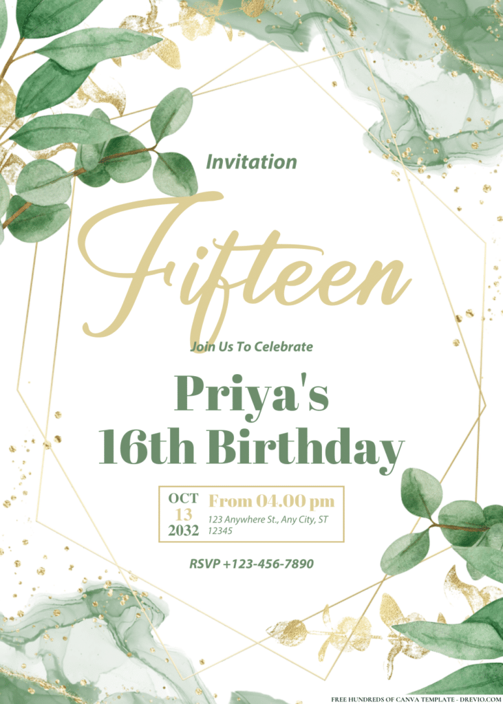 Eucalyptus Green and Gold Leaves Birthday Invitations