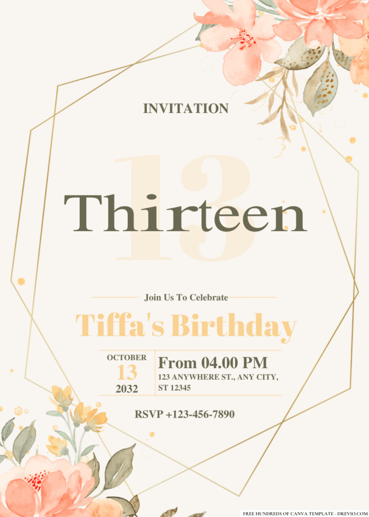 Watercolor Peach Rose Bouquet Line Birthday Invitations