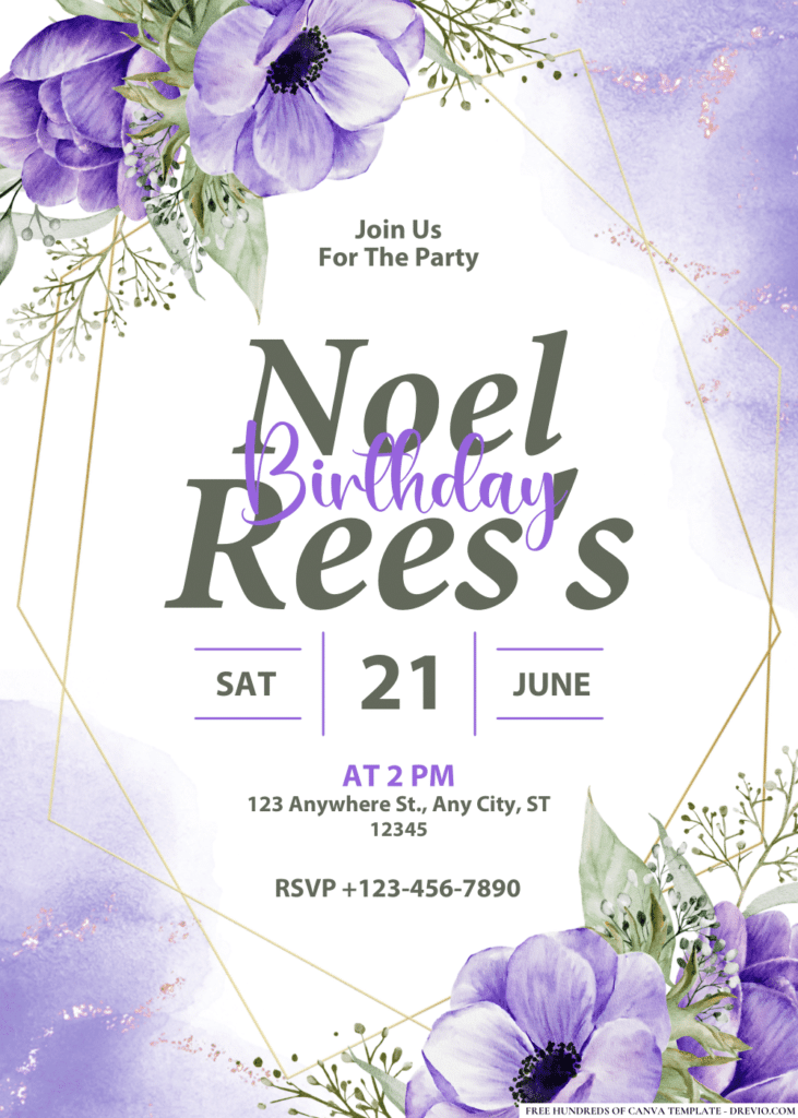 Purple Anemone Watercolor Birthday Invitations