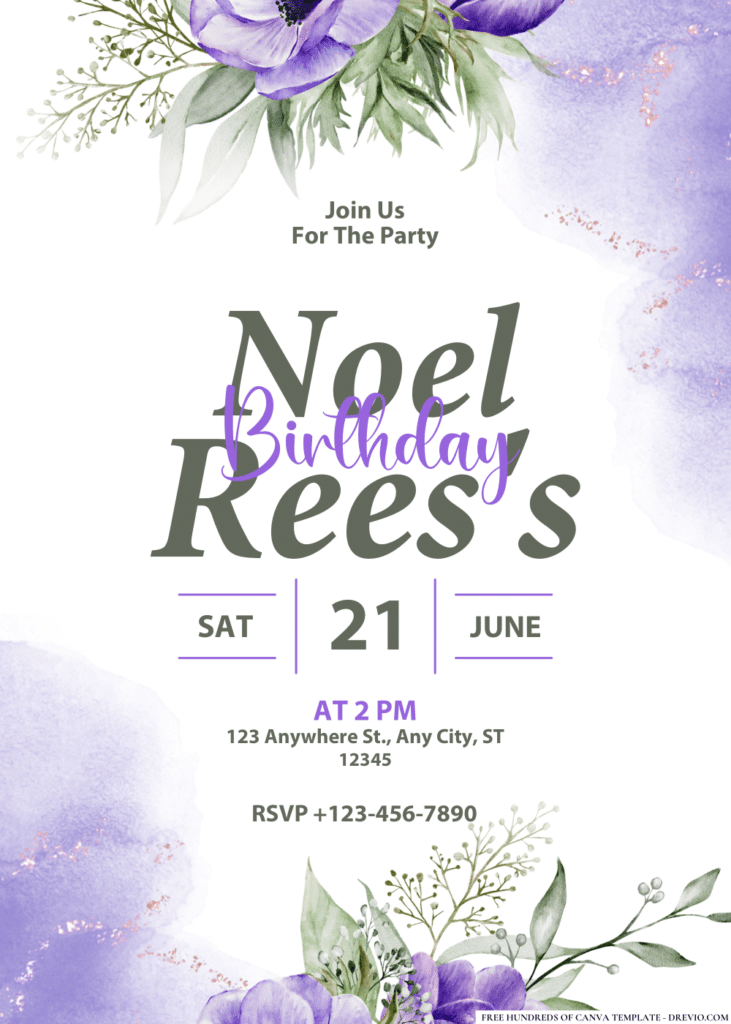 Purple Anemone Watercolor Birthday Invitations