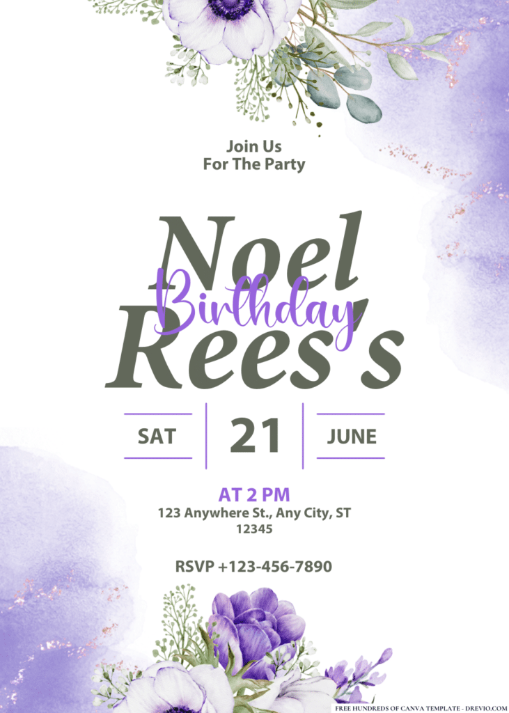 Purple Anemone Watercolor Birthday Invitations