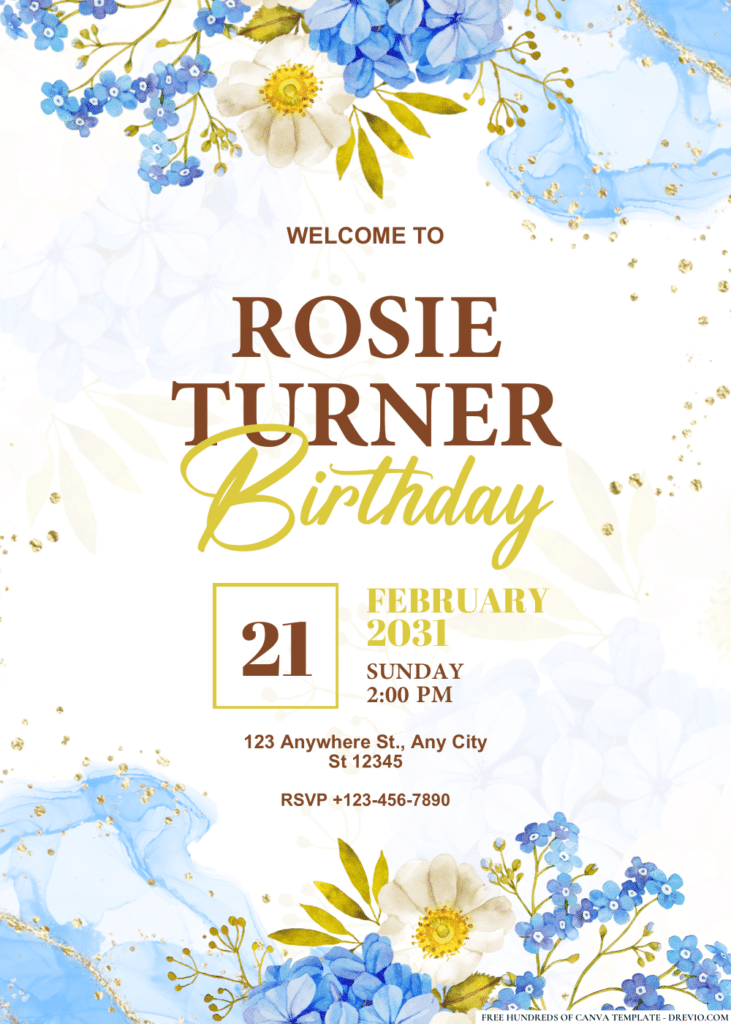 Blue White Jasmine Hydrangea Rose Birthday Invitations