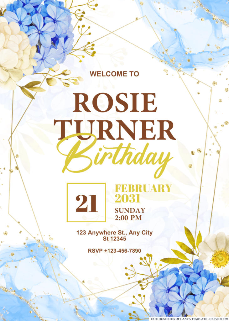 Blue White Jasmine Hydrangea Rose Birthday Invitations