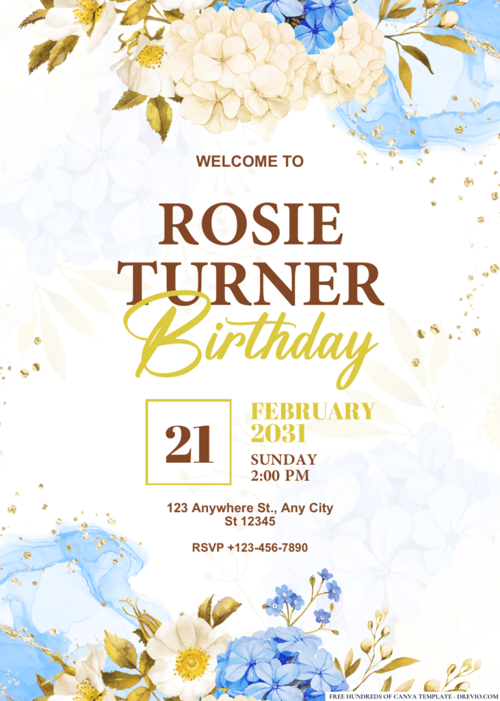 Blue White Jasmine Hydrangea Rose Birthday Invitations