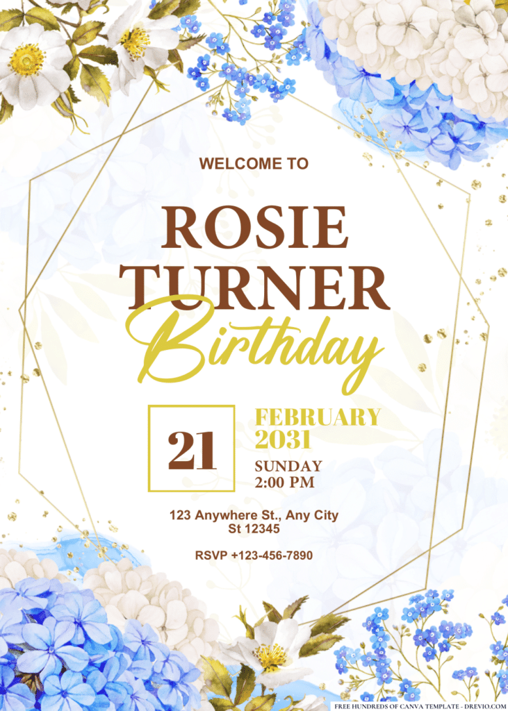 Blue White Jasmine Hydrangea Rose Birthday Invitations