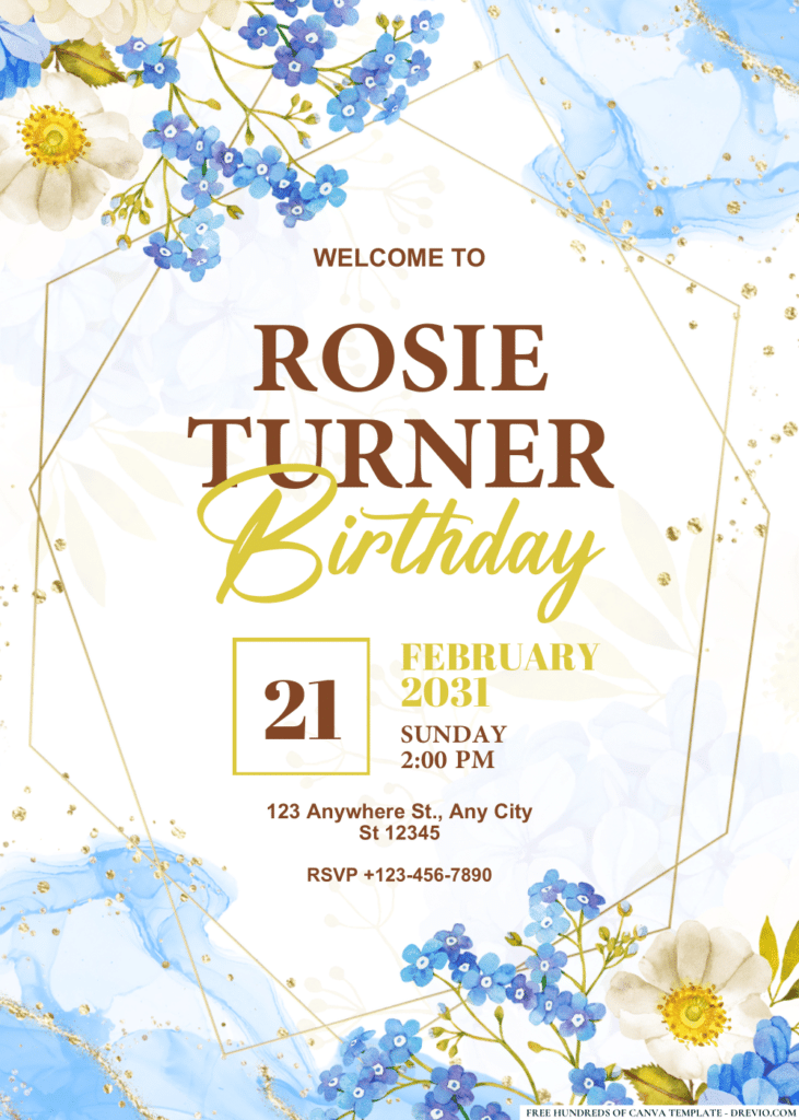 Blue White Jasmine Hydrangea Rose Birthday Invitations