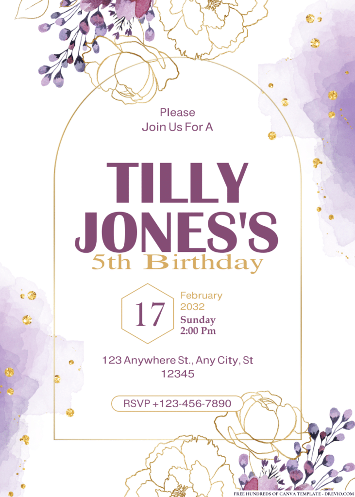 Watercolor Purple and Golden Peonies Birthday Invitations