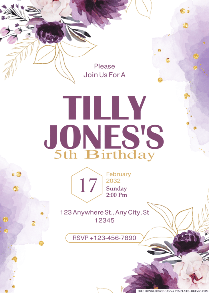 Watercolor Purple and Golden Peonies Birthday Invitations