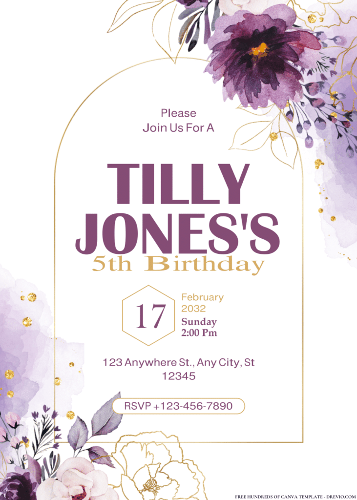 Watercolor Purple and Golden Peonies Birthday Invitations