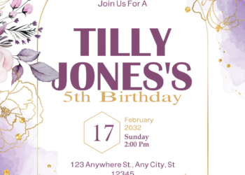 Watercolor Purple and Golden Peonies Birthday Invitations