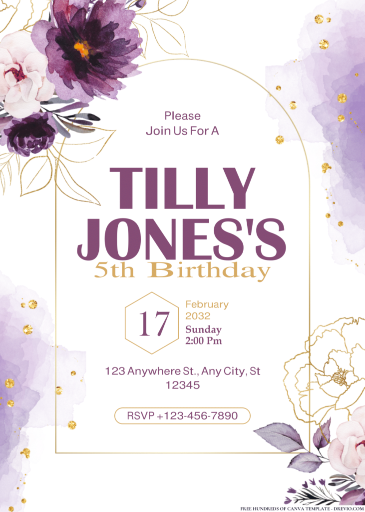 Watercolor Purple and Golden Peonies Birthday Invitations