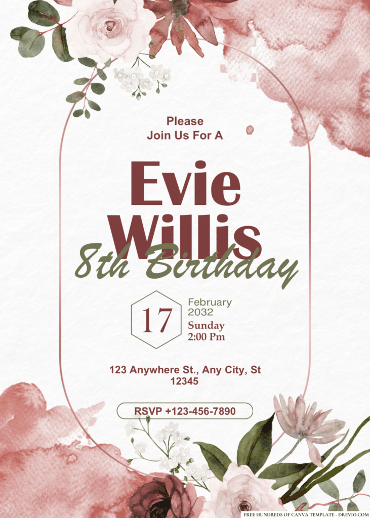 Burgundy White Floral Rose Watercolor Birthday Invitations