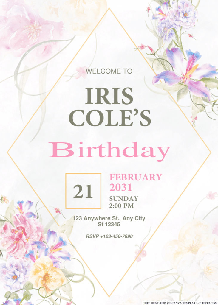 Watercolor Flower Wreath Birthday Invitations