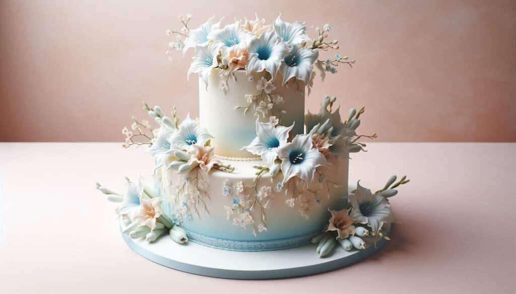 two tiered wedding cake with buttercream frosting and edible Angel Trumpet sugar flowers