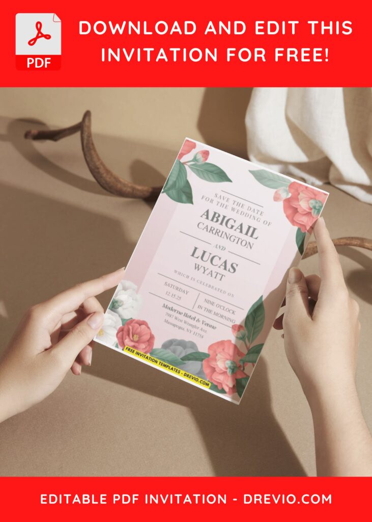 (Easily Edit PDF Invitation) Delightful Camellia Flower Wedding Invitation A