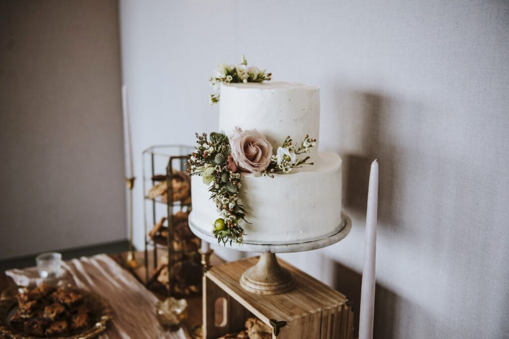 Floral adorned wedding cake