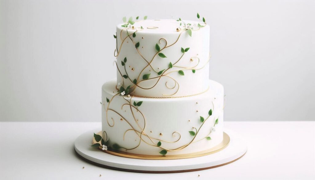 a simple two-tiered wedding cake with white buttercream frosting and edible greenery vines