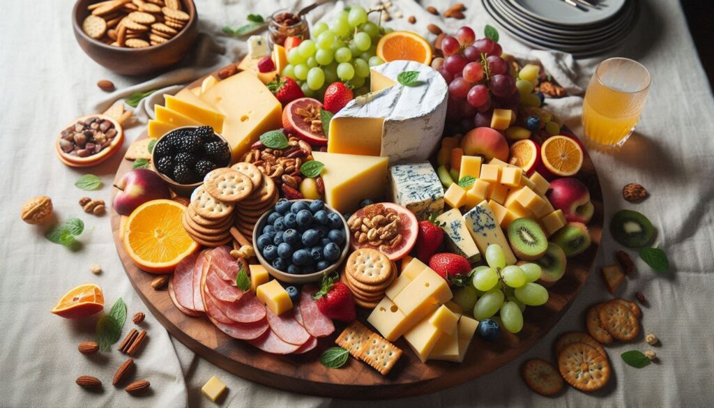 charcuterie board with fruits, cheese and sandwiches