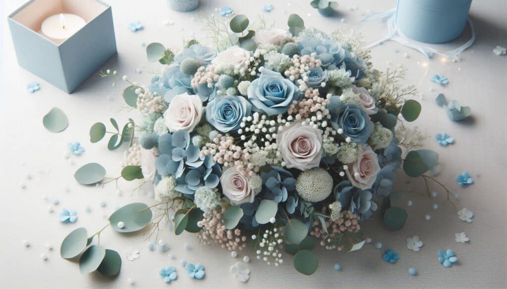 Flower Centerpiece with baby's breath, blue roses and hydrangeas