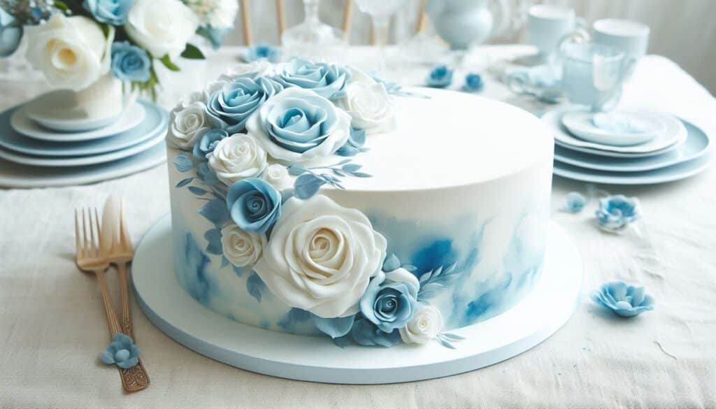 cake with edible white and blue rose sugar flowers