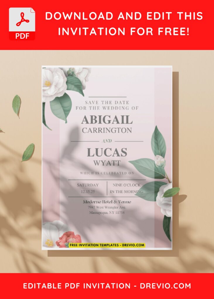 (Easily Edit PDF Invitation) Delightful Camellia Flower Wedding Invitation C