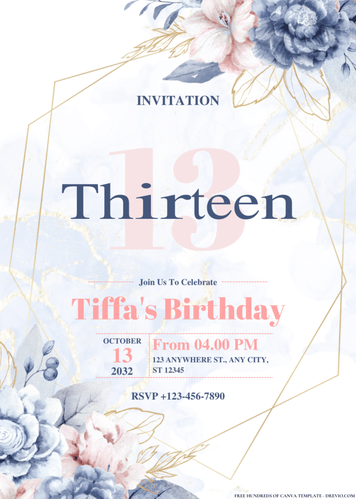 Elegant Blue and Gold Floral Watercolor Birthday Invitations