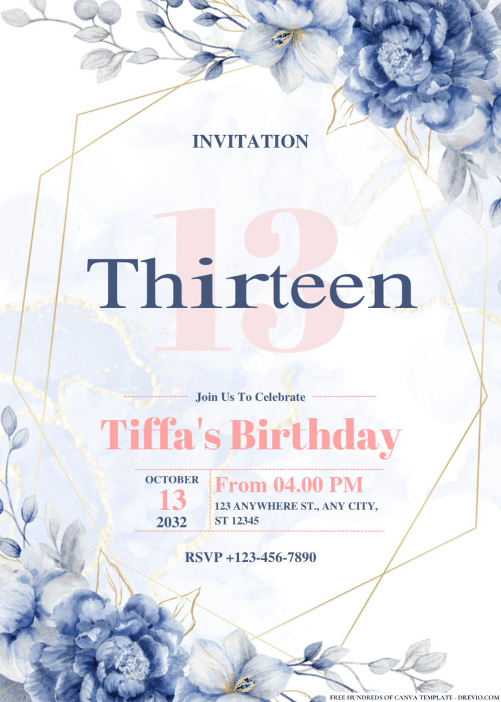 Elegant Blue and Gold Floral Watercolor Birthday Invitations