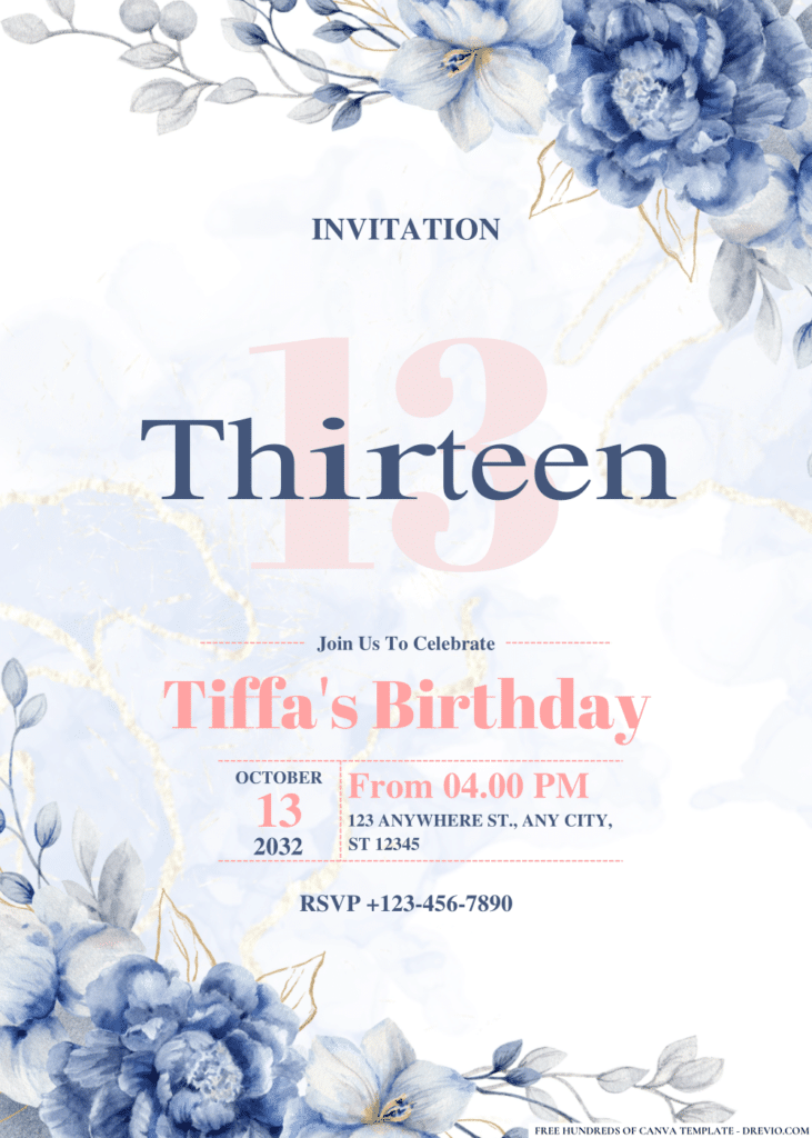 Elegant Blue and Gold Floral Watercolor Birthday Invitations