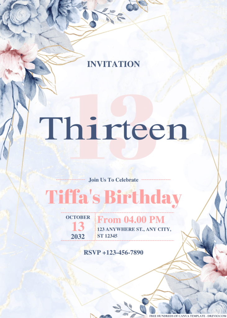 Elegant Blue and Gold Floral Watercolor Birthday Invitations