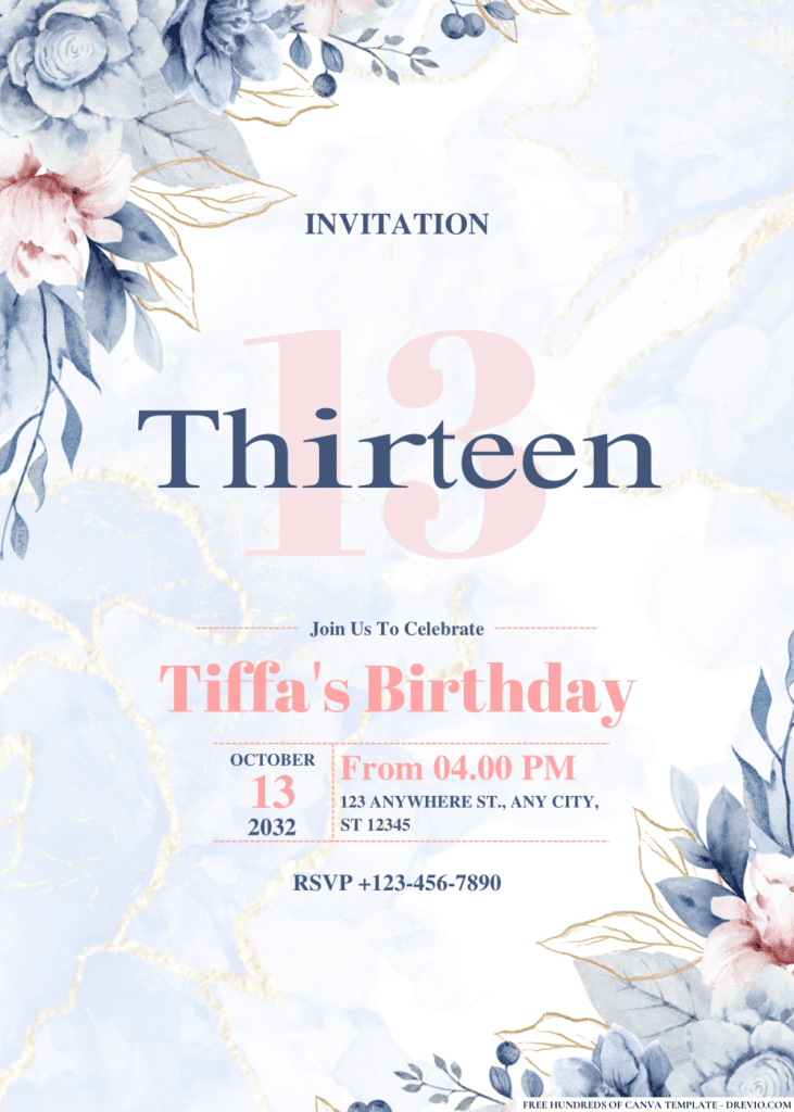 Elegant Blue and Gold Floral Watercolor Birthday Invitations