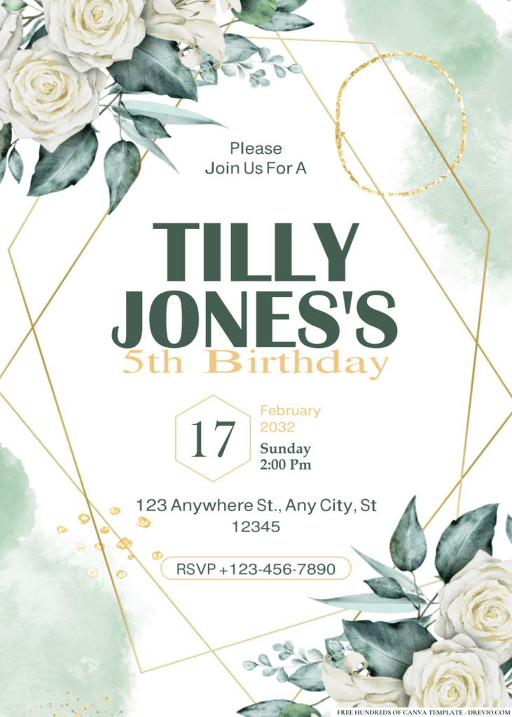 Green Leaves White Rose Watercolor Birthday Invitations
