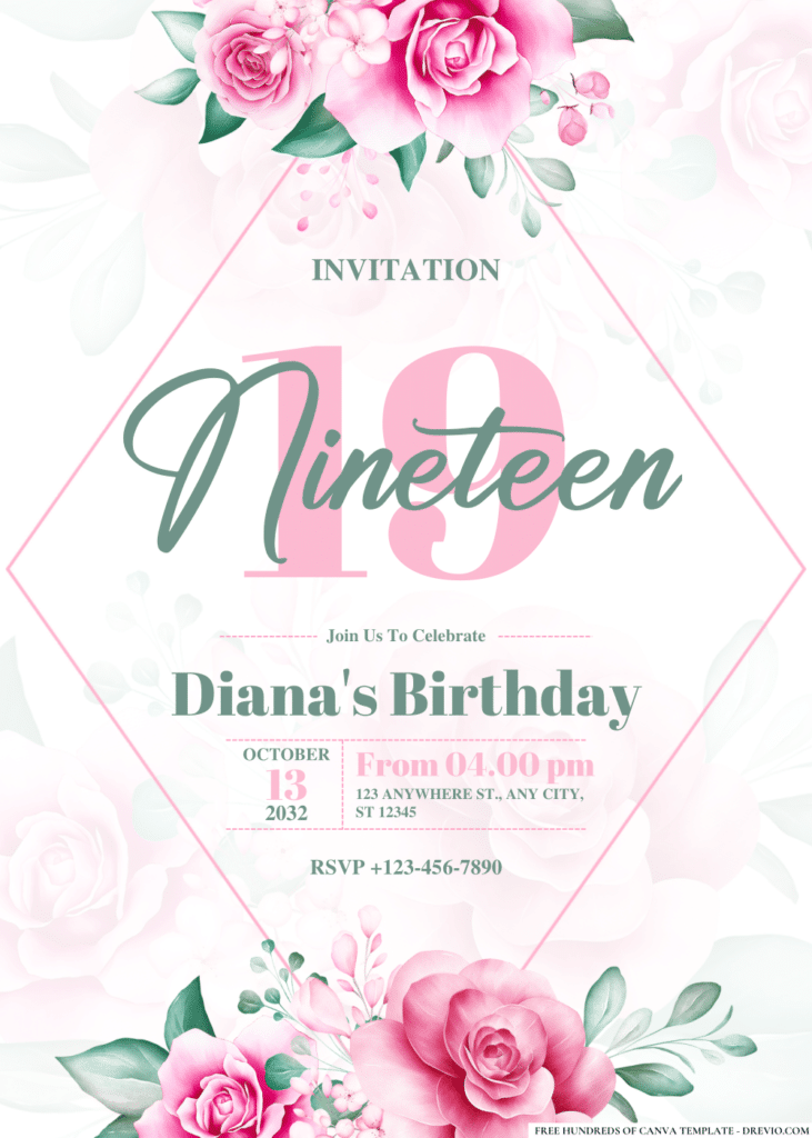 Pink Roses and Green Leaves Birthday Invitations