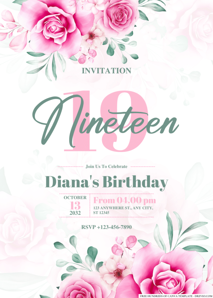 Pink Roses and Green Leaves Birthday Invitations