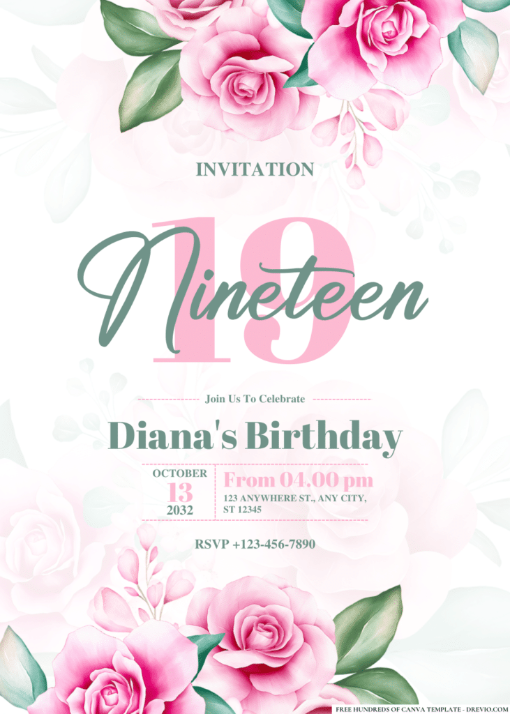 Pink Roses and Green Leaves Birthday Invitations