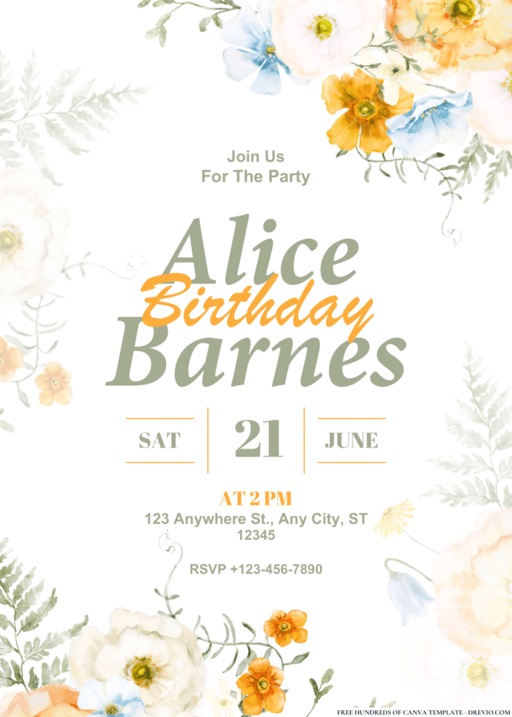 Spring Summer Meadow Floral Birthday Invitations