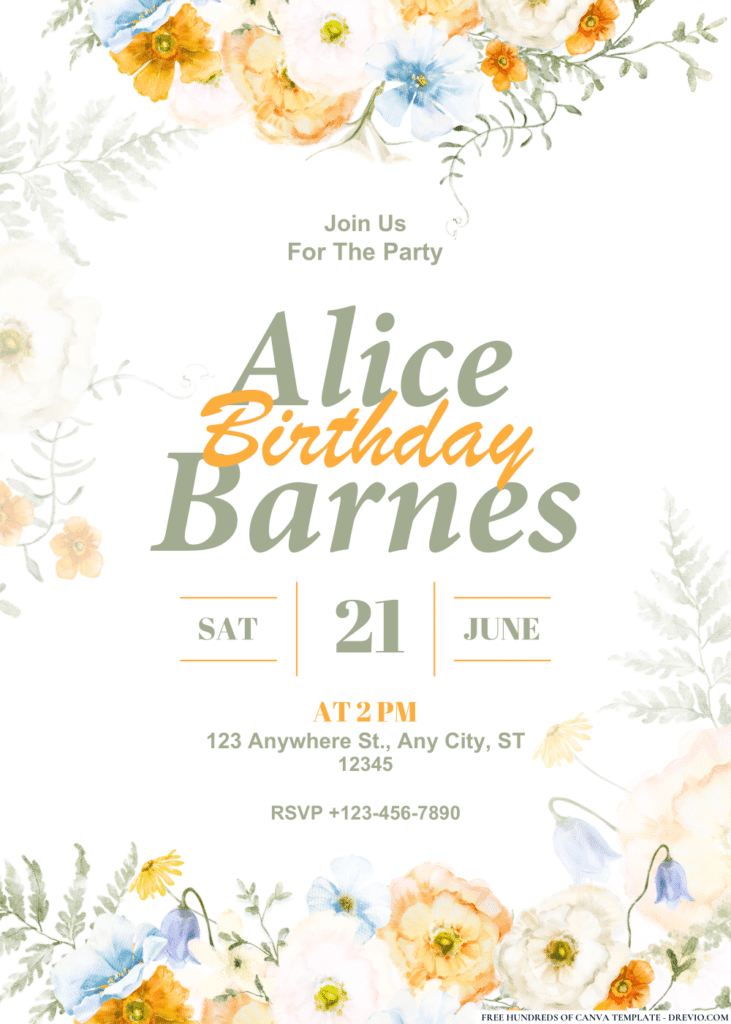 Spring Summer Meadow Floral Birthday Invitations