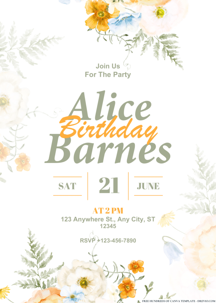 Spring Summer Meadow Floral Birthday Invitations