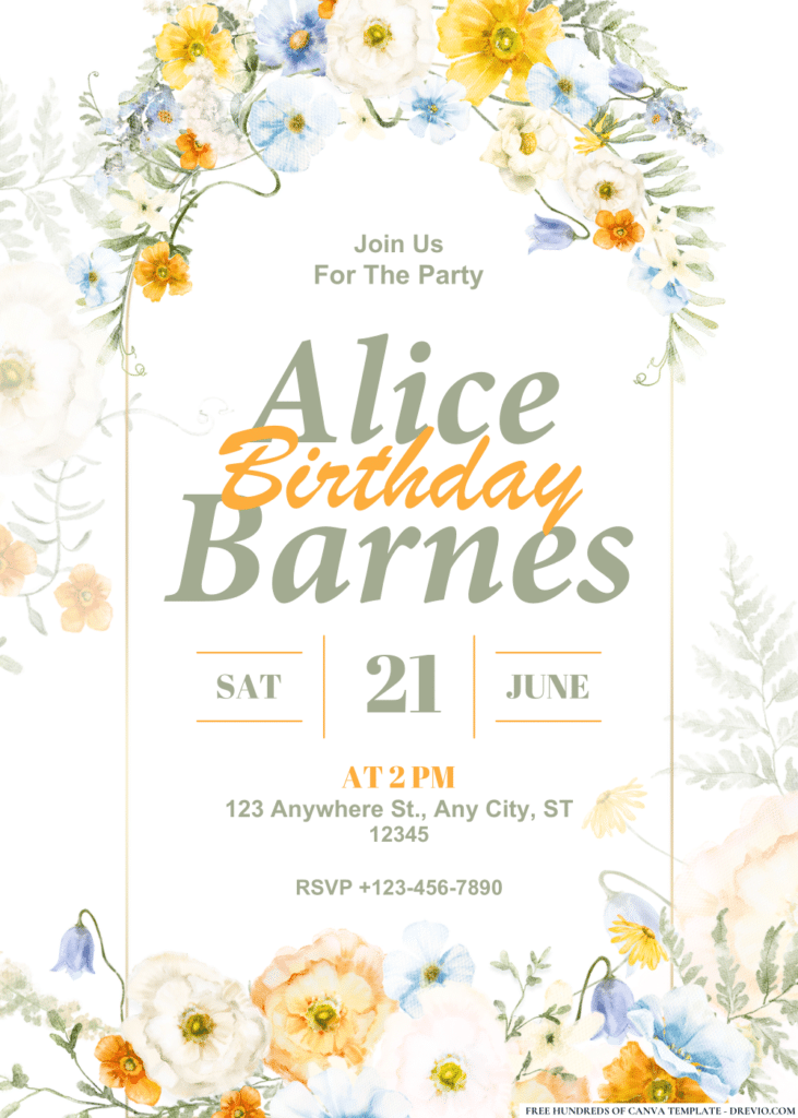 Spring Summer Meadow Floral Birthday Invitations