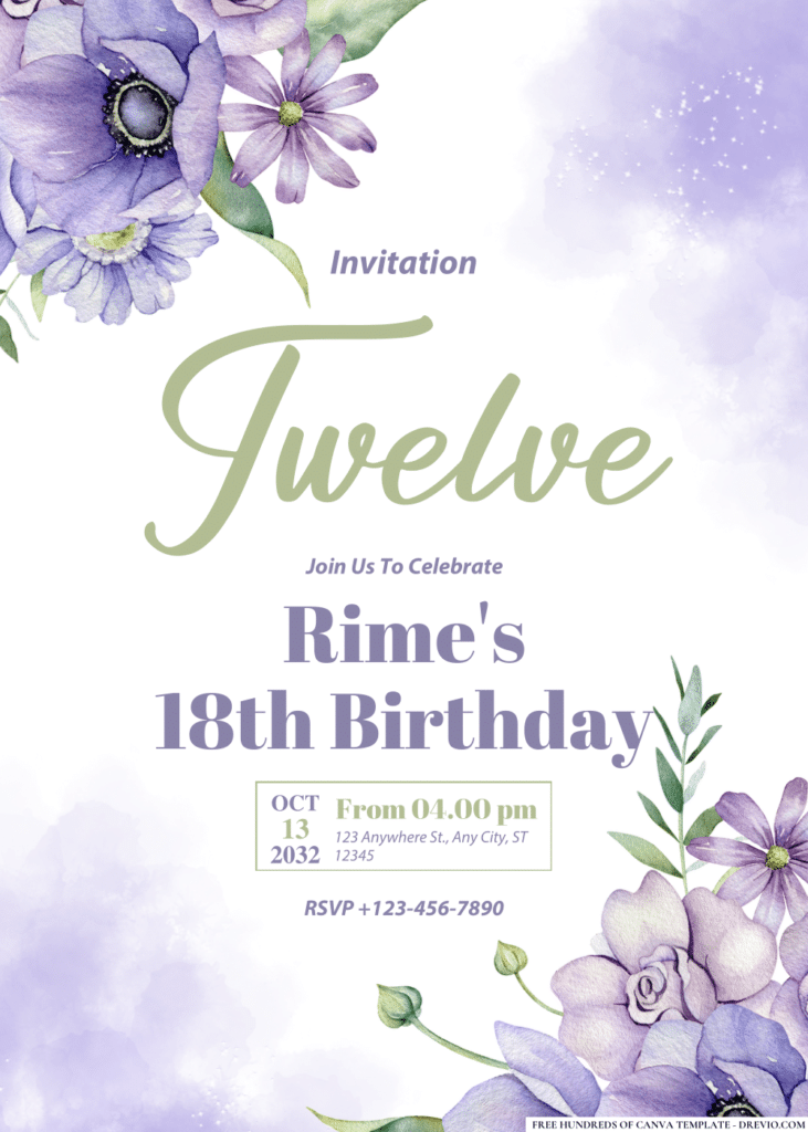 Watercolor Purple Lilac Bouquet Birthday Invitations