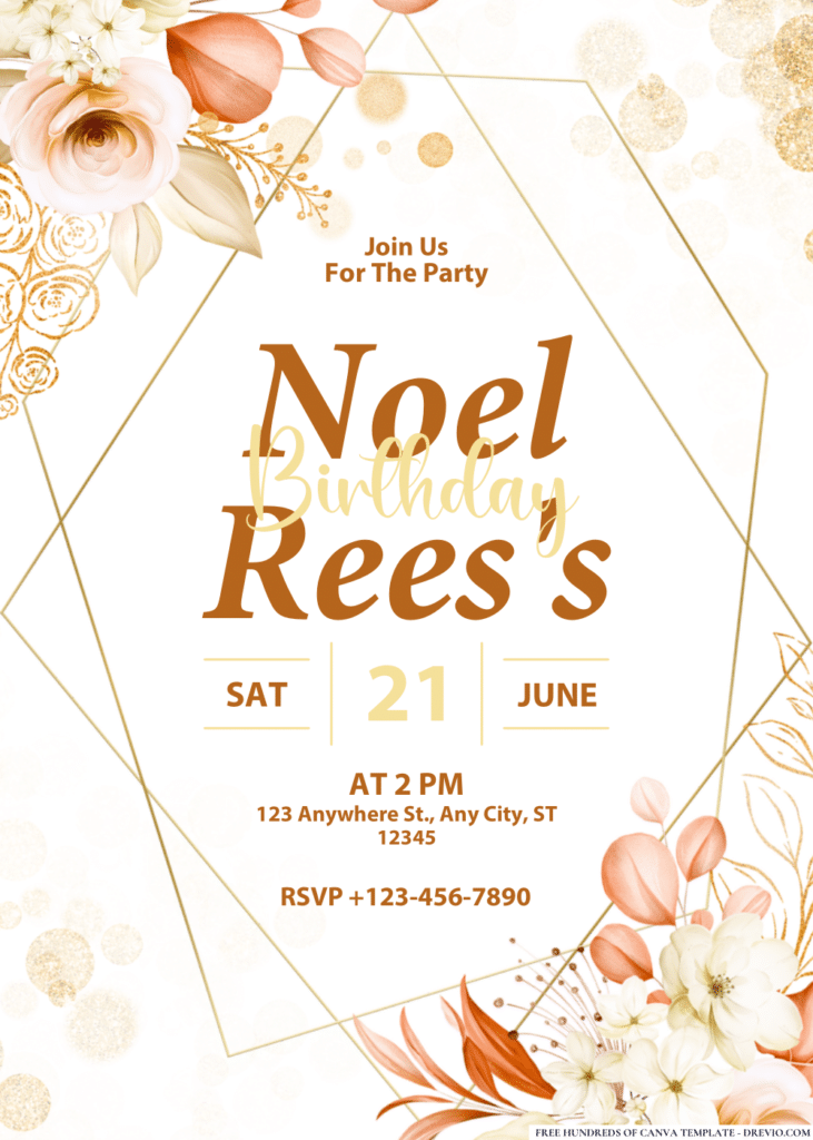 Golden Floral Elegance Birthday Invitations