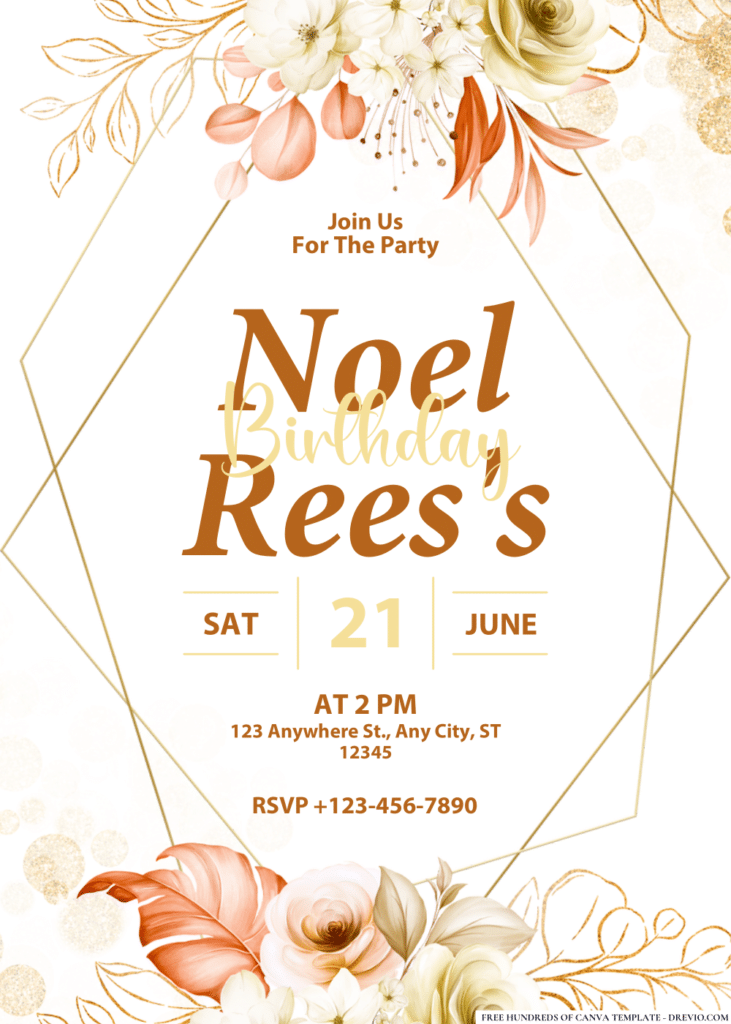 Golden Floral Elegance Birthday Invitations