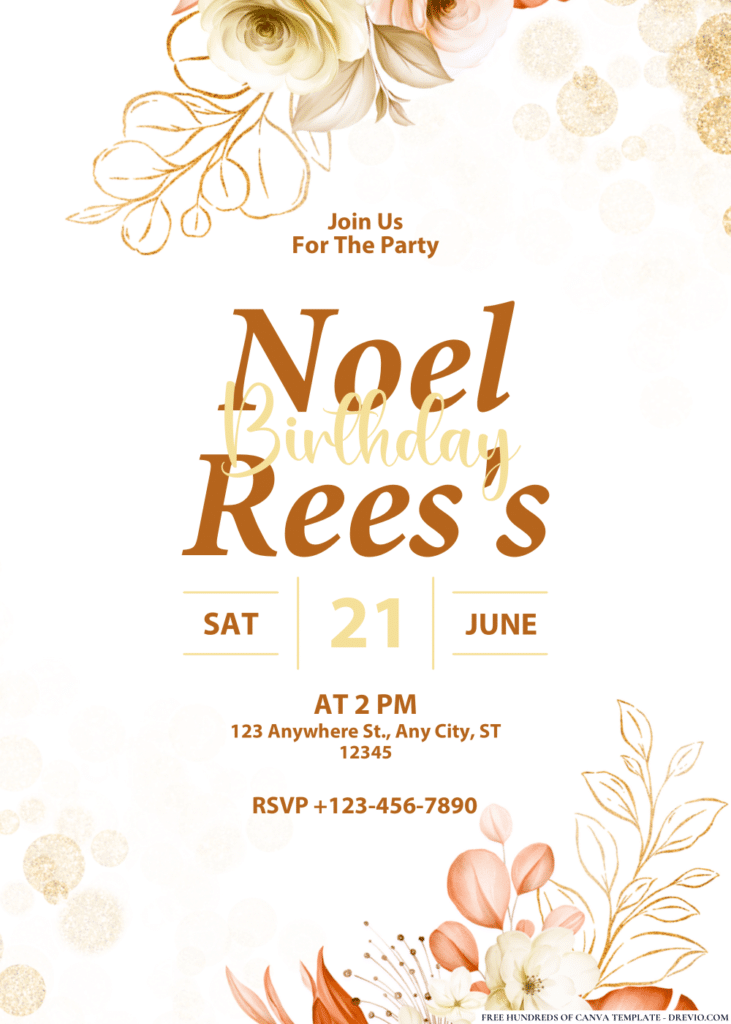 Golden Floral Elegance Birthday Invitations