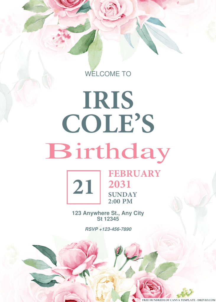 Rose Flower and Green Leaves Birthday Invitations