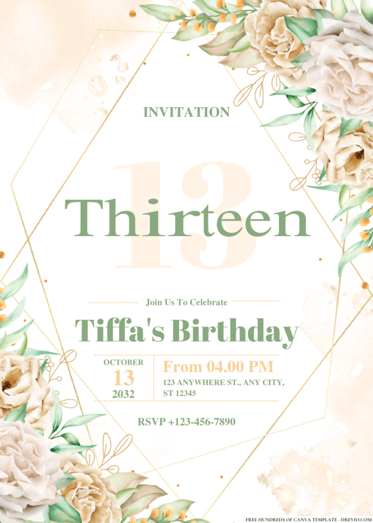 White Roses Bouquet and Branches Birthday Invitations