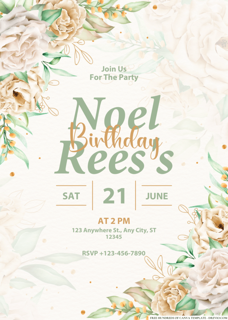 White Roses and Eucalyptus Leaves Birthday Invitations