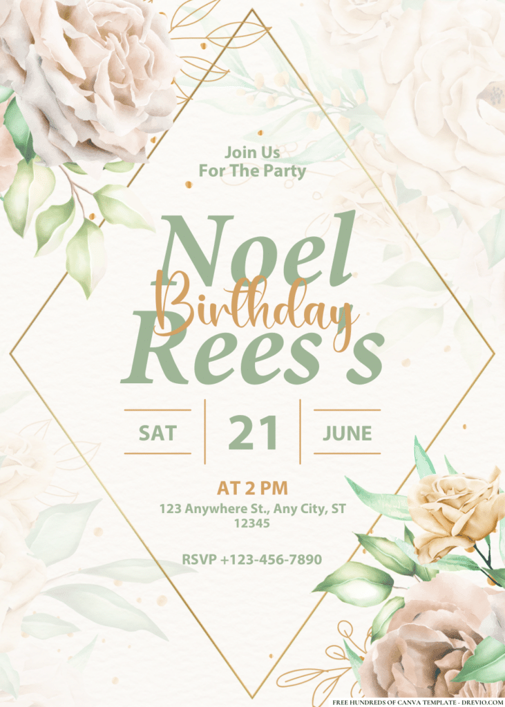 White Roses Bouquet Branches Birthday Invitations