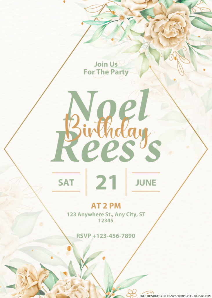 White Roses Bouquet Branches Birthday Invitations