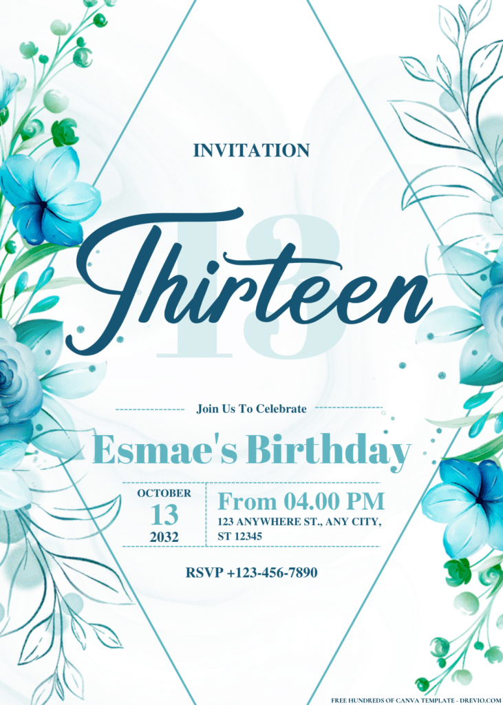 Blue Flowers Watercolor Floral Arrangement Birthday Invitations